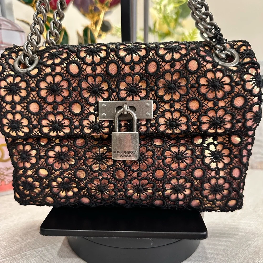 Kurt Geiger NWT Metallic with Black Crochet Overlay and Dustbag